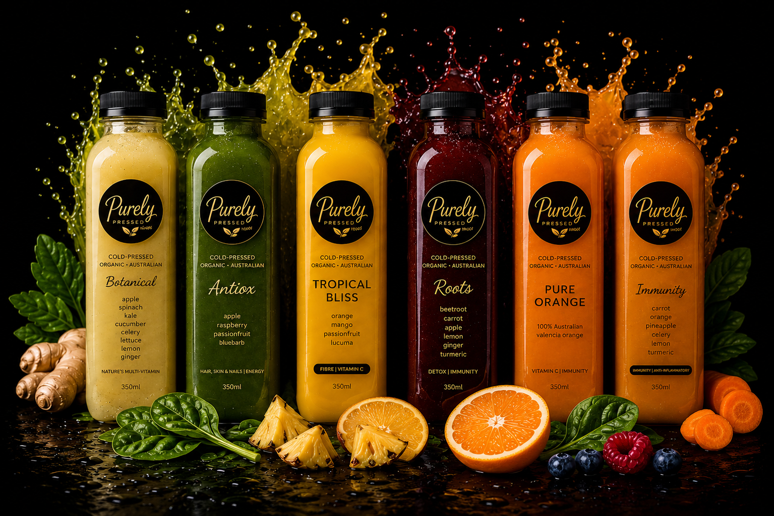 Six Purely Pressed BioJuice bottles — Botanical, Antiox, Tropical Bliss, Roots, Pure Orange and Immunity — with fresh fruit and a juice splash